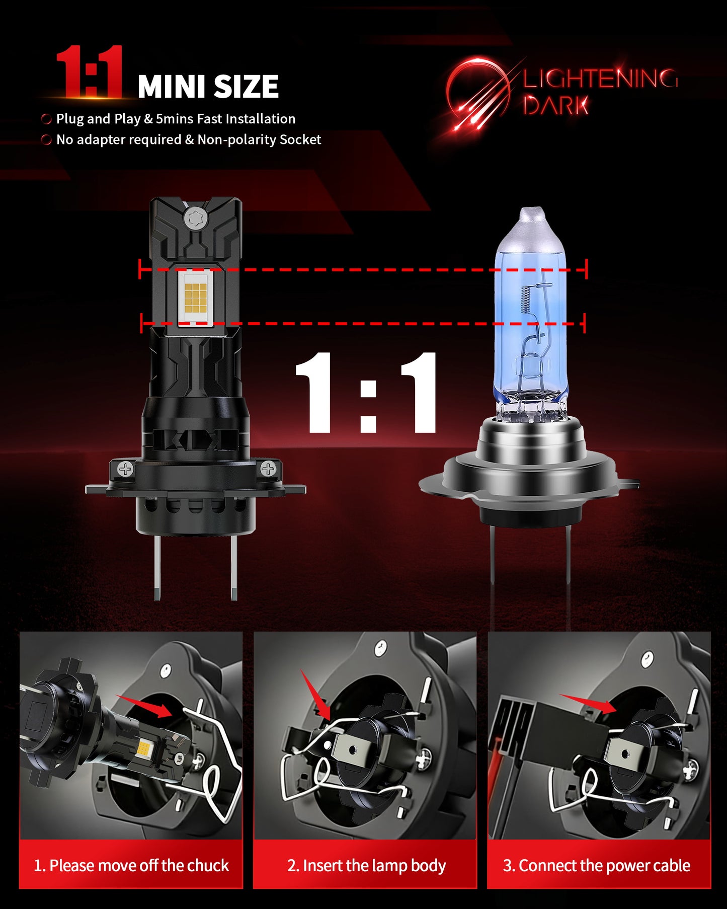 H7 LED Headlight Bulbs, 1:1 Size No Adapter Required 40000LM 6500K White Beam Built-in Cooling Fan (Black, Set of 2)